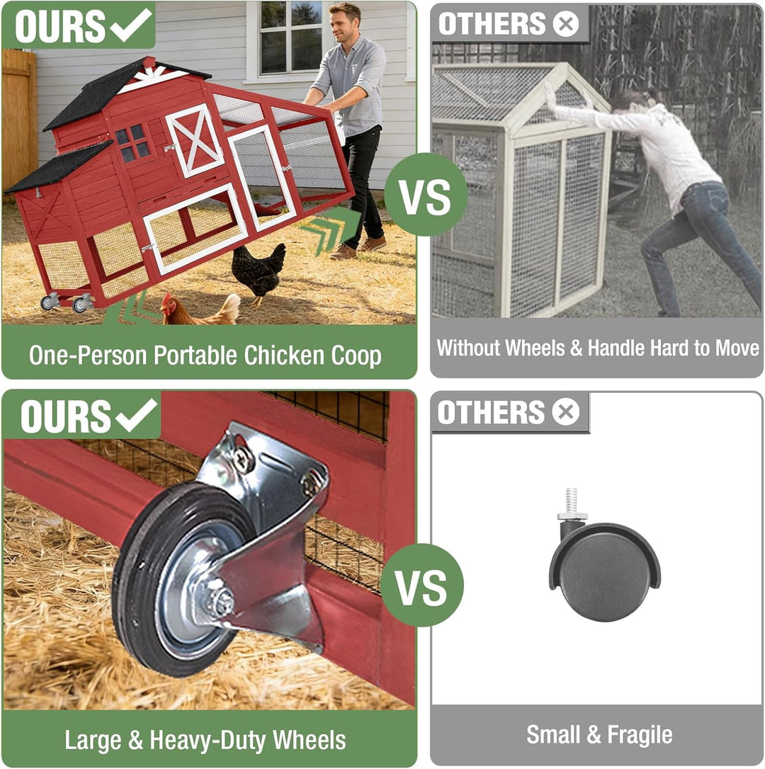 MEDEHOO Wooden Chicken Coop for 4 Chickens Mobile Chicken House on Wheels Expandable Poultry Cage with Large Nesting Box and Pull-Out Tray Red
