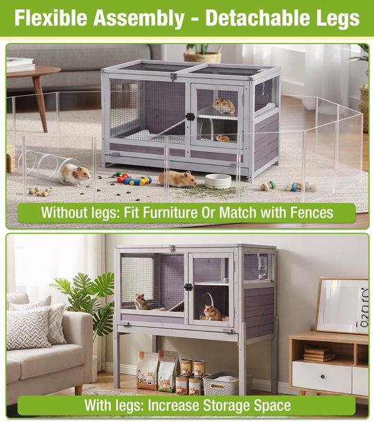 MEDEHOO Indoor Guinea Pig Cage Rabbit Hutch with Chew-Proof Ramp, 2-Story Wooden Bunny House with Pull-Out Trays &amp; Leakproof PVC Layer, Small Animal Cages with Detachable Legs (Gray) AIR53-DG-PD