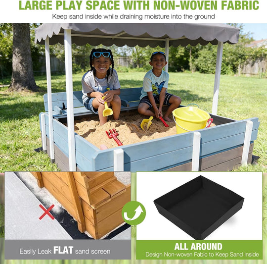 MEDEHOO Sandbox with Lid and Cover for Kids Outdoor with 2 Foldable Bench Seats, Adjustable Canopy and Sand Protection Liner, 47.2" L x 47.2" W x 51.9" H, (Blue) GUT05-B-MA-WM