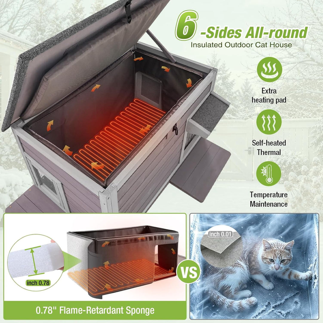 MEDEHOO Large Heated Cat House Outdoor Insulated Cat House Weatherproof Feral Cat Shelter with Heating Pad Insulated Liner Openable Roof &amp; Secure Escape Doors for 1-3 Cats (Winter-Ready)
