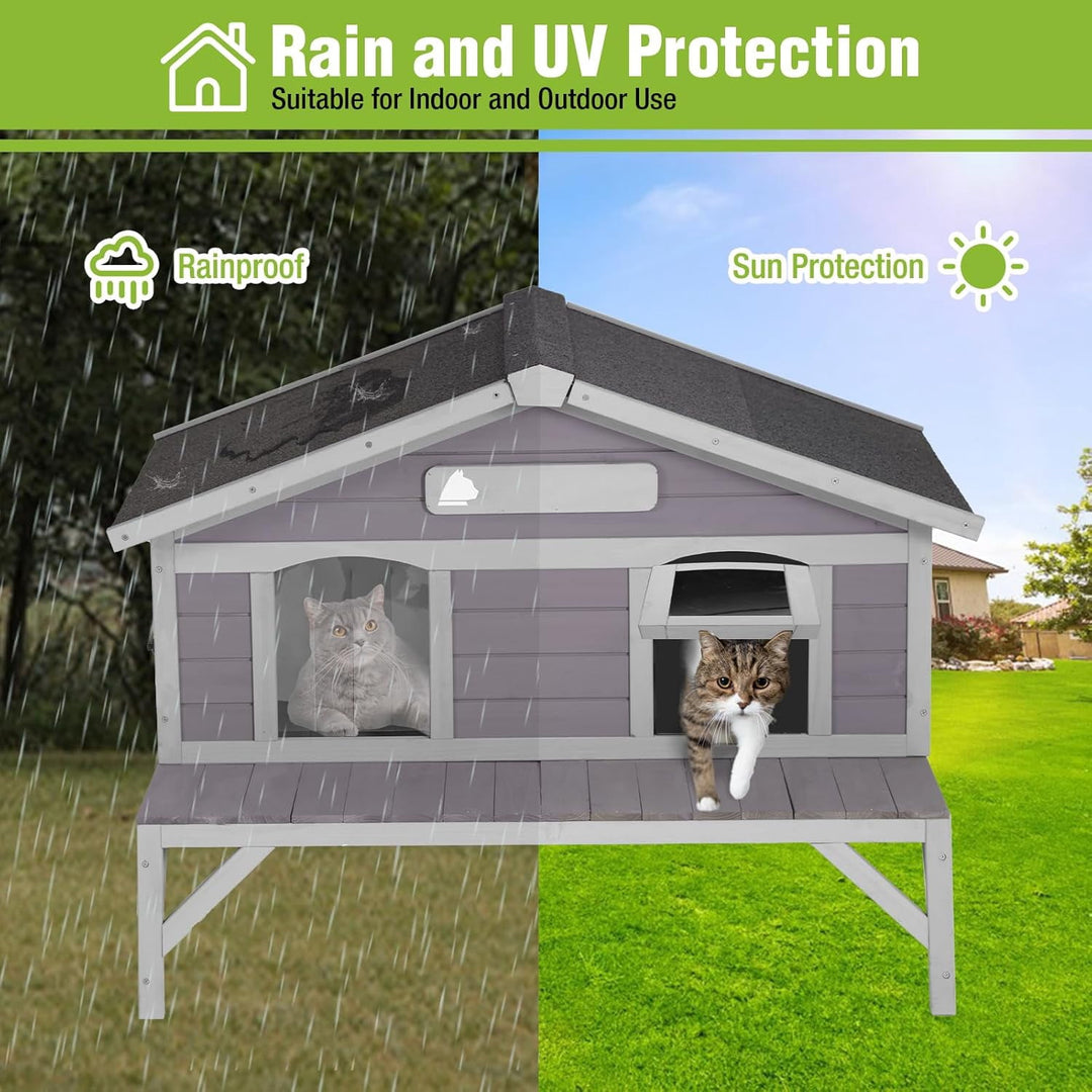 MEDEHOO Outdoor Cat House Weatherproof with 3 Entry Doors, Elevated Base &amp; PVC Curtain, Indoor/Outdoor Kitty Shelter for Small-Medium Pets