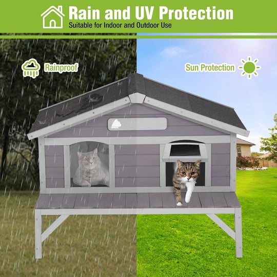 MEDEHOO Outdoor Cat House Weatherproof with 3 Entry Doors, Elevated Base &amp; PVC Curtain, Indoor/Outdoor Kitty Shelter for Small-Medium Pets