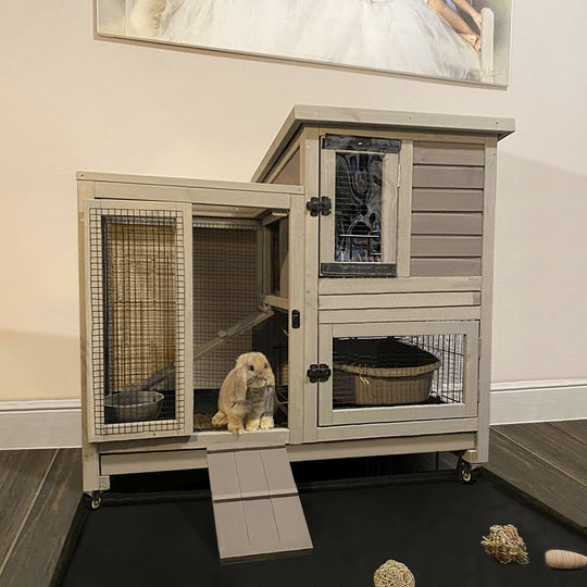 MEDEHOO Wooden Bunny Hutch Indoor&amp; Outdoor Rabbit Hutch Guinea Pig Cage for Small Animals with Trays (Grey)