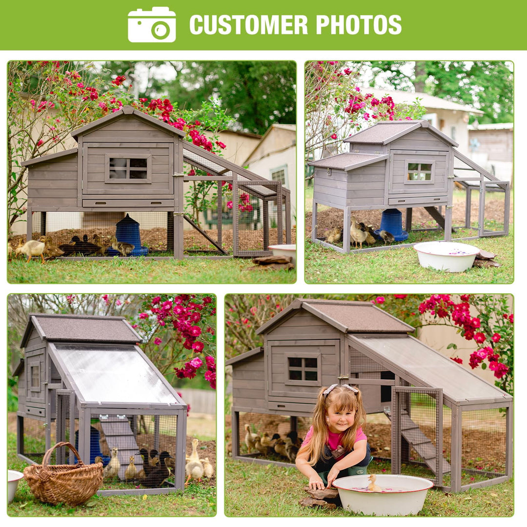 BUTINGLALE Outdoor Mobile Chicken Coop with Wheels Hen House with Nesting Box Wooden Bunny Cage Large Duck House with Run UV Roof Rabbit Hutch(Grey) AIR23-D-N