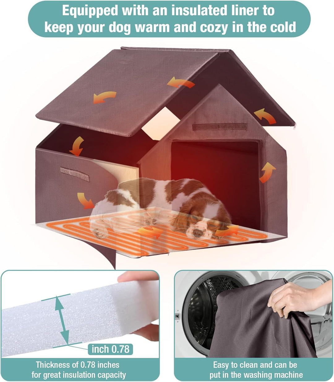 MEDEHOO Insulated Dog House with Heating Pad, Weatherproof Outdoor Kennel for Large Dogs, Chew-Resistant Iron Frame &amp; Asphalt Roof XLarge AIR80-L-HP-A12-WM