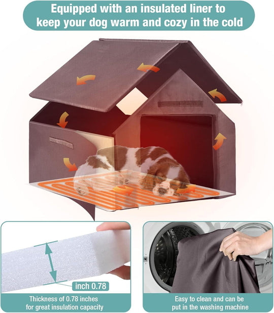 MEDEHOO Insulated Dog House with Heating Pad, Weatherproof Outdoor Kennel for Large Dogs, Chew-Resistant Iron Frame &amp; Asphalt Roof XLarge AIR80-L-HP-A12-WM