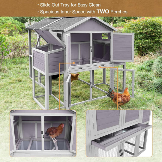 Large Chicken Coops for 6-10 Chickens, Hen House with 2 Nesting Boxes, Poultry Cage with Ramps and Run, Waterproof Roof AIR48-3