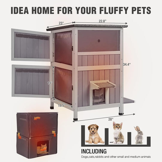 Outdoor Cat House Weatherproof, Heated Feral Cat House with Insulated Liner, 2-Storys Wooden Stray Cat Shelter for Winter AIR14-IN-ML