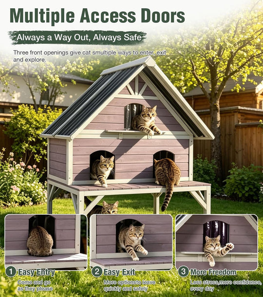 MEDEHOO Outdoor Cat House Weatherproof Large Feral Cat Shelter with 2-Layer, Wooden Cat Condo with Balcony, Escape Doors and Openable Back Door for Multiple Cats Indoor