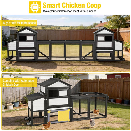 MEDEHOO Mobile Chicken Coop with Wheels for 4-6 Chickens, Backyard Expandable Chicken House Duck Cage with Run, 2 Nesting Boxes, Pull-Out Tray, Weatherproof Asphalt Roof, Black