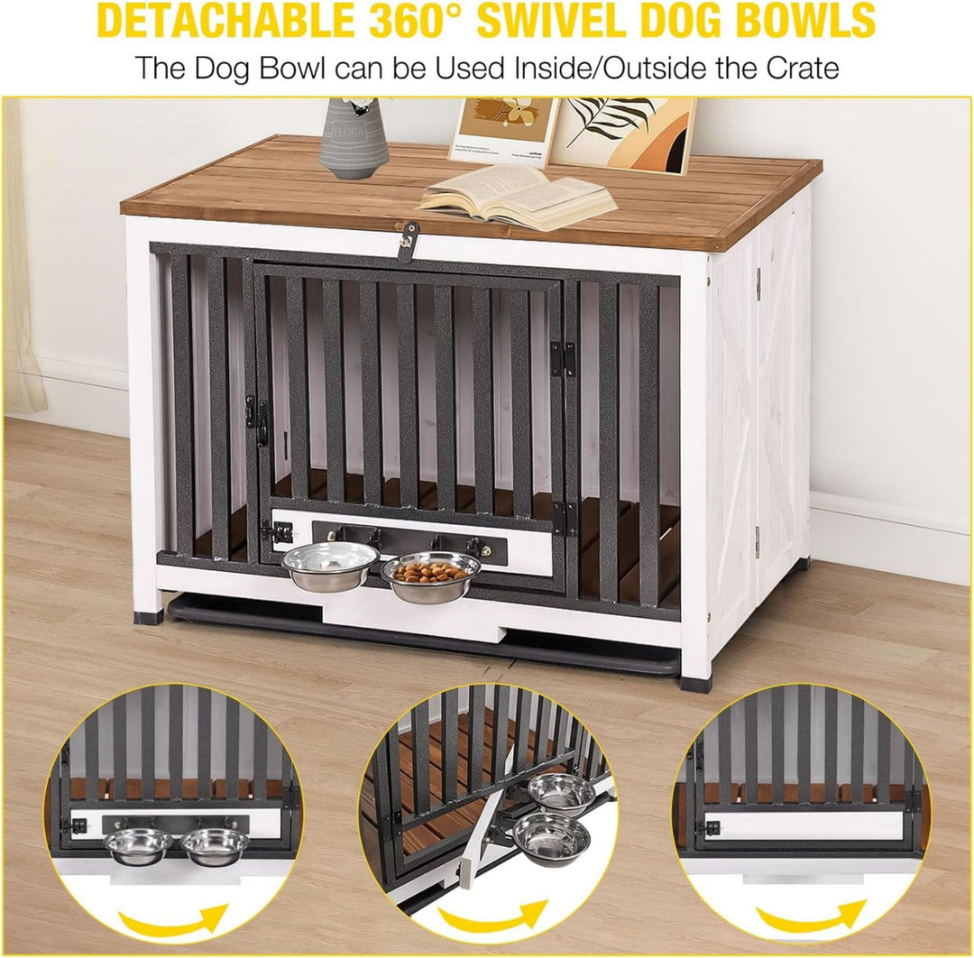 MEDEHOO Folding Dog Crate Furniture Portable Metal Dog Kennel with Dog Bowls &amp; Tray, Dog Crate for Small &amp; Medium Dogs with Opening Roof