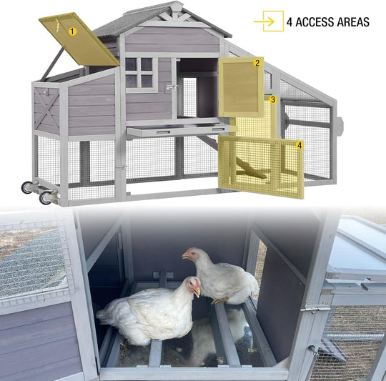MEDEHOO Wooden Chicken Coop for 4 Chickens Mobile Chicken House on Wheels Expandable Poultry Cage with Large Nesting Box and Pull-Out Tray Grey