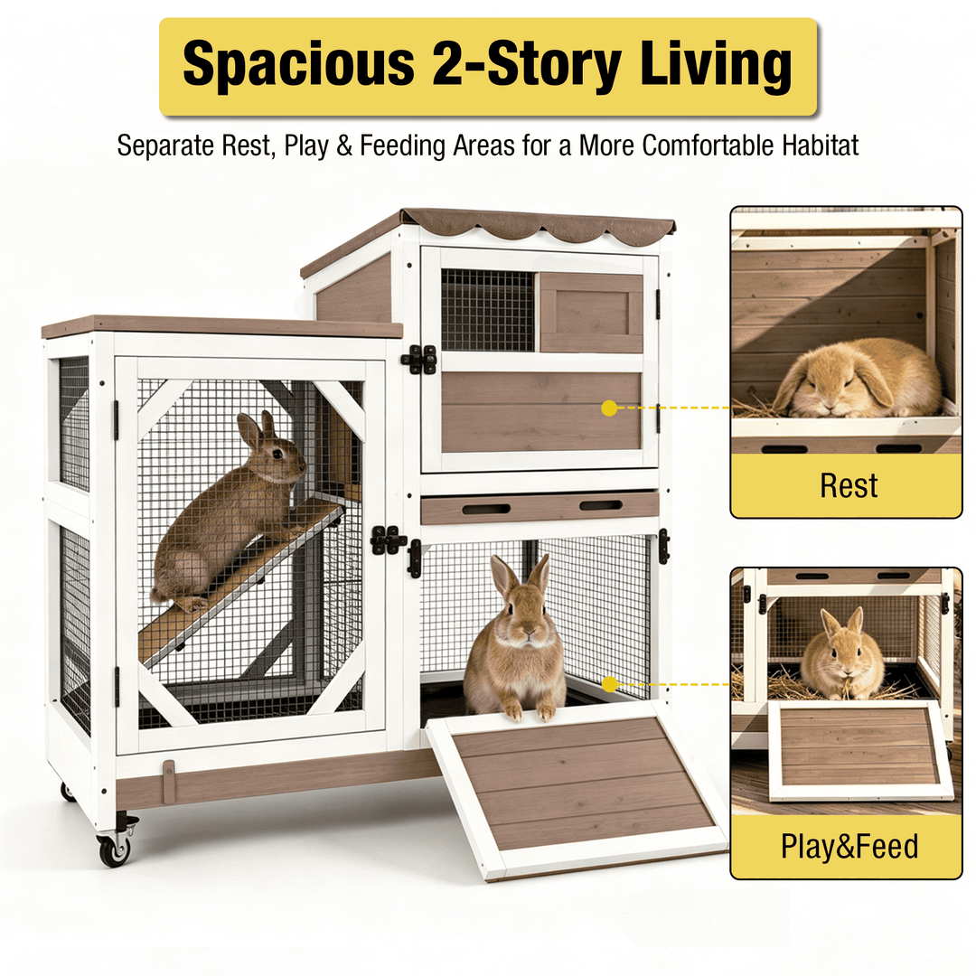MEDEHOO 2-Story Rabbit Hutch with Wheels, 39.3-Inch Indoor/Outdoor Wooden Bunny Cage with 2 Pull-Out Trays, Gray AIR7013-WFS-GE