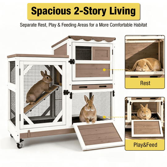 MEDEHOO 2-Story Rabbit Hutch with Wheels, 39.3-Inch Indoor/Outdoor Wooden Bunny Cage with 2 Pull-Out Trays, Gray AIR7013-WFS-GE