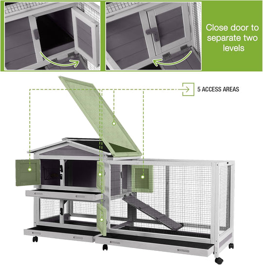 MEDEHOO 2-Story Rabbit Hutch Indoor Large Bunny Cage with Chew-Proof Ramp - Wooden Rabbit Cage Outdoor with 6 Lockable Caster Wheels &amp; Dual Pull-Out Trays for Rabbits, 62"L x 22.6"W x 33.5"H (Grey) AIR19-G-MAR-WM