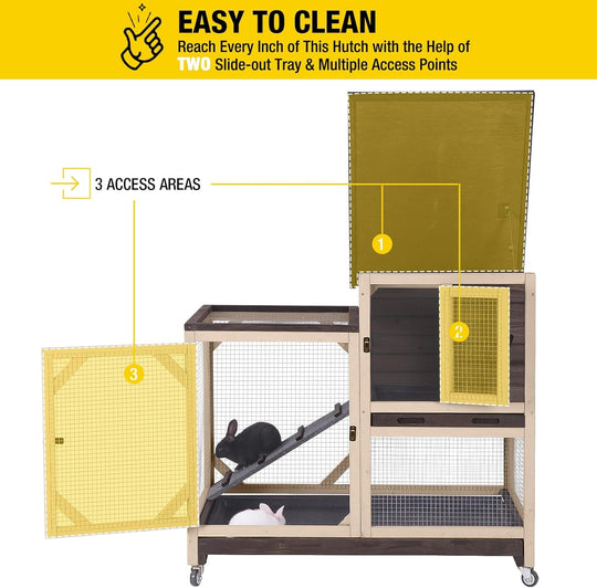 MEDEHOO Rabbit Hutch Rabbit Cage Indoor Bunny Hutch with Run Outdoor Rabbit House with Two Deeper No Leak Trays - 4 Casters Include (Without Bottom Wire Netting)