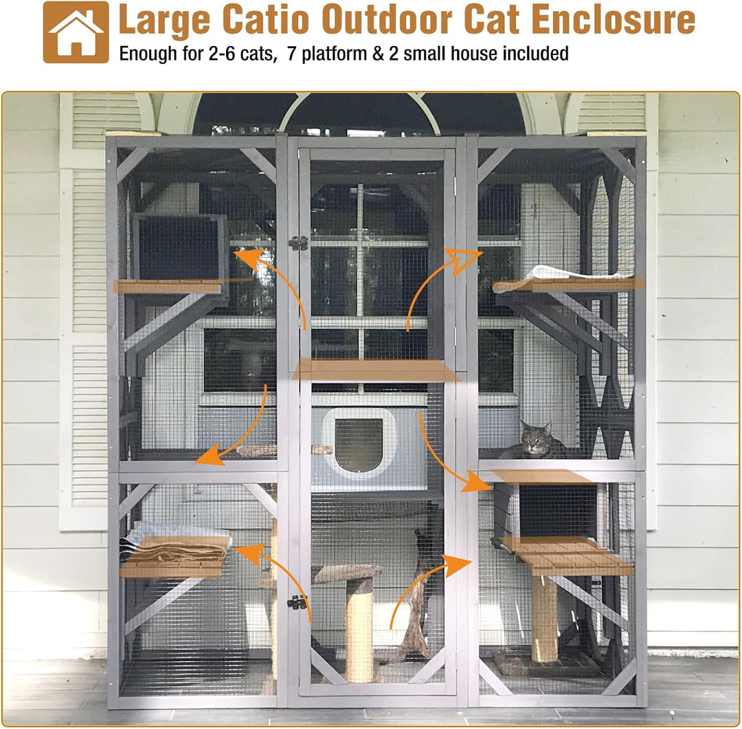 MEDEHOO Large Catio Outdoor Cat Enclosure, 5-Tier Cat Playpen with Window Access, Extra Large, Grey