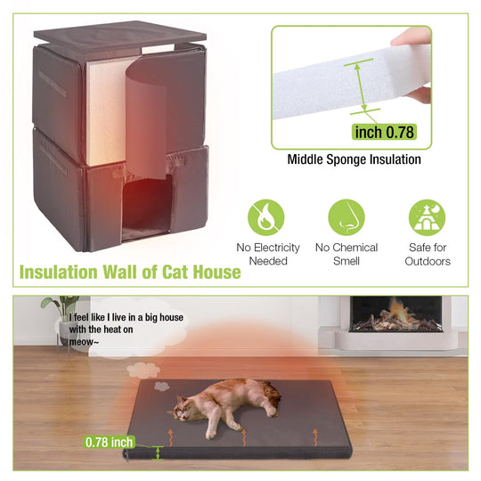 MEDEHOO Insulated Cat House Outdoor, Feral Cat Shelter for Winter Weatherproof with Insulated Liner, Gray