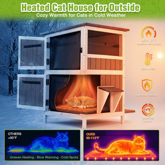 MEDEHOO 2-Story Heated Cat House Large Outdoor Insulated Cat House Weatherproof Feral Cat Shelter with Heated Pad, Insulated All-Round Thermal Liner for 1-4 Cats (Winter-Ready)