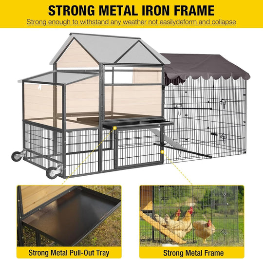 MEDEHOO 85.6" Mobile Chicken Coop, Large All-Steel Frame Hen House for 6-8 Chickens Poultry Cage with Nesting Box, Waterproof Rain Cover Duck Coop
