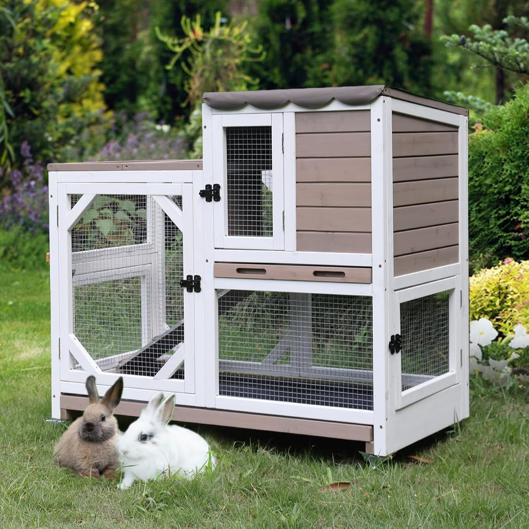 BUTINGLALE Rabbit Hutch Indoor Outdoor 2 Story Bunny House on Wheels Wood Rabbit Cage with 2 Pull Out Trays Guinea Pig Cage AIR7013-WM2