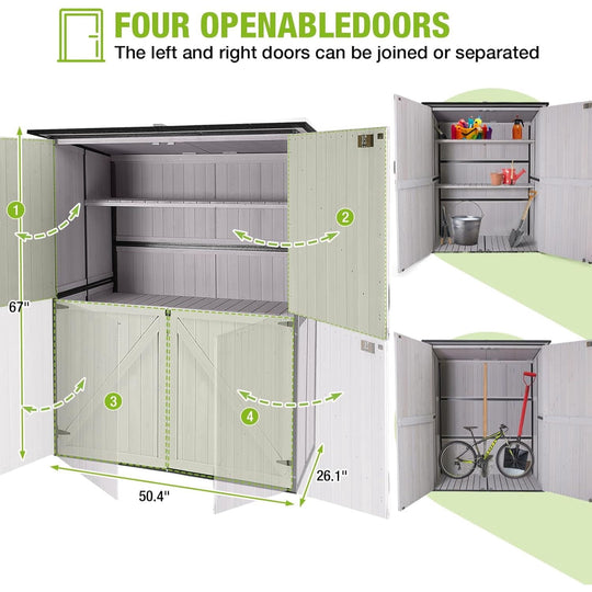 MEDEHOO 55" Outdoor Storage Shed, Modern Wooden Tool Cabinet with Heavy-Duty Metal Frame, 3 Adjustable Shelves and Weatherproof Asphalt Roof for Patio &amp; Garden, White AIR99-N-Shed-WM