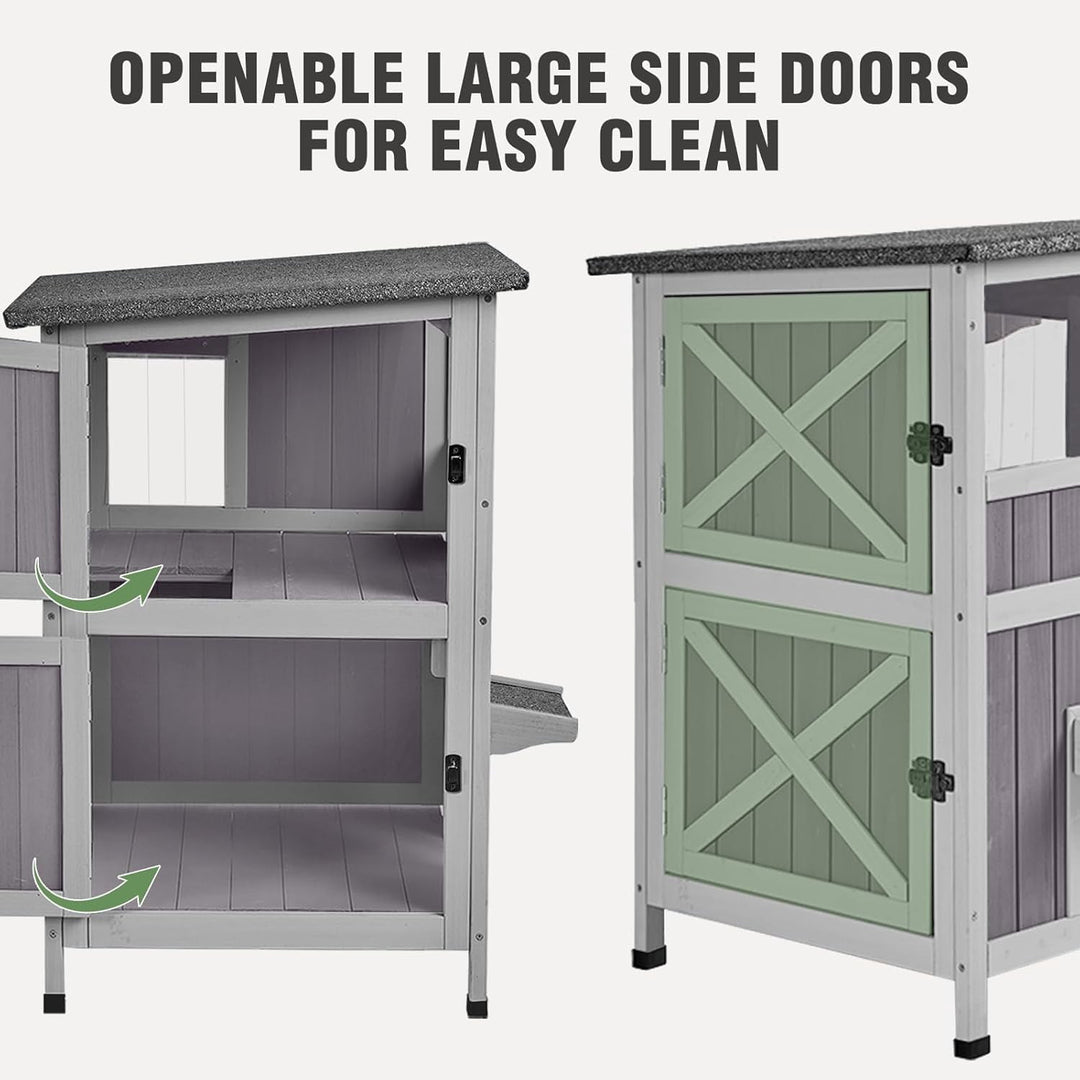 Outdoor Cat House Weatherproof, 2-Storys Feral Cat House with 2 Escape Doors and Window, Stray Cat Shelter with 2 Large Side Doors and Removable Floor