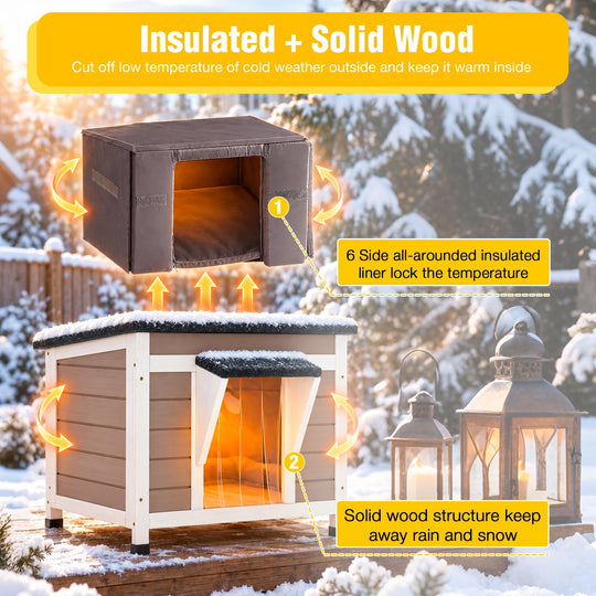 MEDEHOO Insulated Outdoor Cat House, Weatherproof Feral Cat Shelter for Winter with 6-Side Thermal Liner, Elevated Wooden Kitty Kennel for Backyard, Light Brown AIR12-WB-IN-GE-WM2