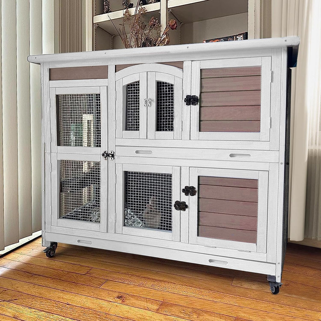 MEDEHOO Wood Rabbit Hutch Bunny Cage with Wheel, Two Layer Guinea Pig House for Outdoors &amp; Indoors, Brown AIR06-D-WM