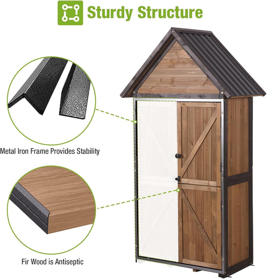 MEDEHOO Outdoor Storage Shed with All Around Strong Metal Frame, Garden Tool Sheds Cabinet with Floor &amp; Adjustable Shelves, Wooden Tool House for Backyard Garden Patio Lawn (Brown)