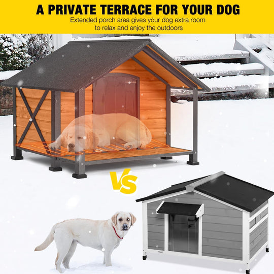 MEDEHOO Heated Outdoor Dog House - Weatherproof Insulated Wooden Shelter with Iron Frame, Large Porch for Medium &amp; Large Dogs, Indoor/Outdoor Kennel
