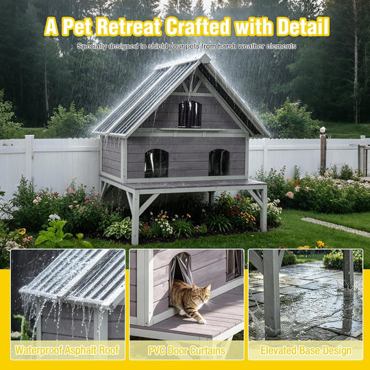 MEDEHOO 2-Story Outdoor Cat House Weatherproof Insulated Feral Cat Shelter with Waterproof Roof, Elevated Floor, Escape Door for 1-4 Indoor Outdoor Cats