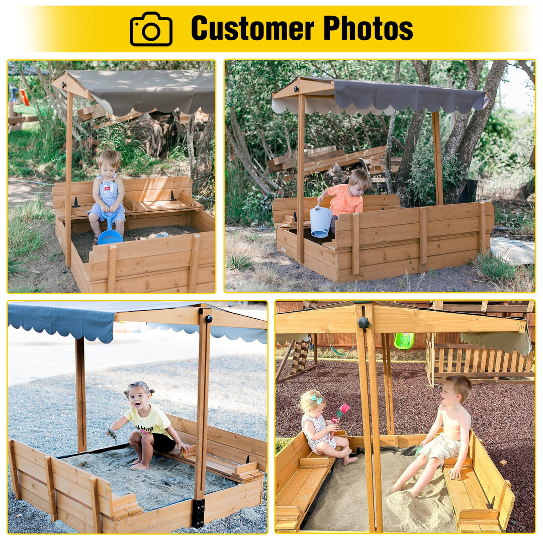MEDEHOO Kids Sandbox with Lid Sand Box with Cover,Foldable Bench Seats, Adjustable Height Roof,Bottom Liner GUT05-003J-WM