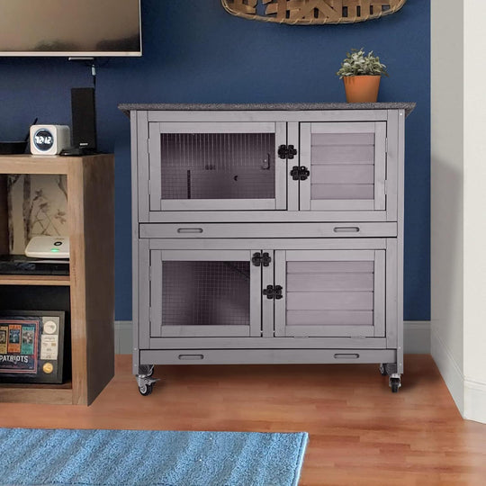 MEDEHOO Rabbit Hutch Bunny Cage, Guinea Pig Cage Bunny Hutch Indoor, Wood Pet Cage with 4 Casters -2 Story &amp; 2 Trays (Grey) AIR77-G-WM