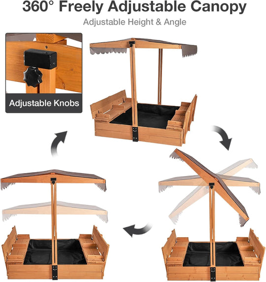 MEDEHOO Sandbox with Lid and Cover, Outdoor Sand Box for Kids with 360° Adjustable Canopy, 2 Foldable Bench Seats &amp; Sand Leak-Proof Liner AIR05-MB-WM