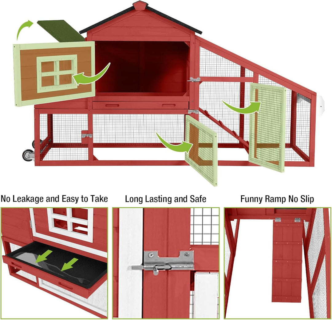MEDEHOO Chicken Coop Mobile Chicken House On Wheel Outdoor Rabbit Hutch for 2-4 Chickens 67"(Red) AIR023-R2