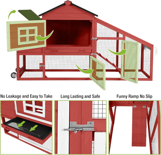 MEDEHOO Chicken Coop Mobile Chicken House On Wheel Outdoor Rabbit Hutch for 2-4 Chickens 67"(Red) AIR023-R2