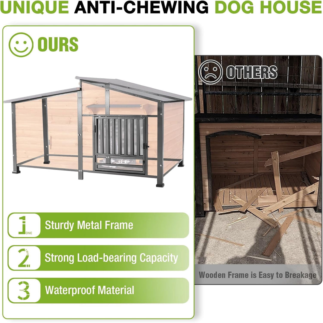 MEDEHOO 60’’ Extra Large Heated Outdoor Dog House for Large Breed, Insulated Dog Kennel with Wider and Thicker Metal Frame, Weatherproof Dog Shelter with Thermostatic Heating Pad for Winter DH7021-L-IN-HP-2DML-WM
