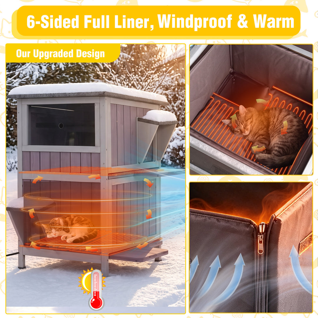 MEDEHOO Heated Cat House with Heating Pad &amp; Insulated Liner for Winter with Heater and Insulated Liner Two Story AIR14-IN-HP-PD