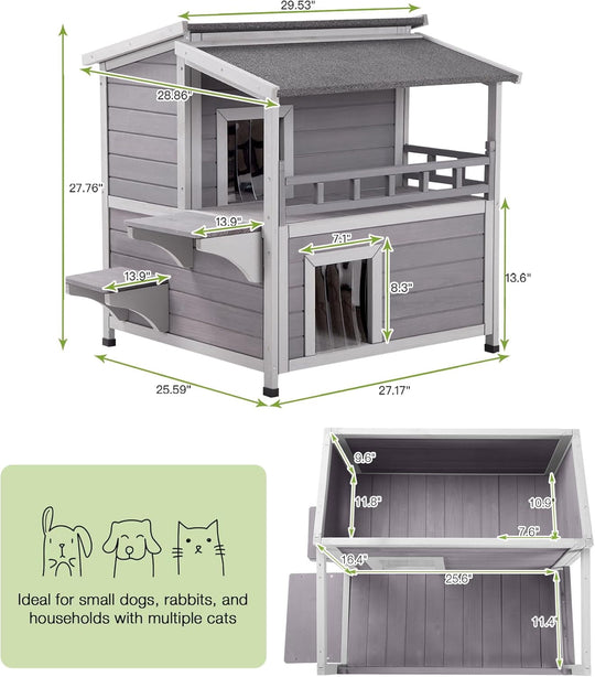 MEDEHOO Insulated Cat House Outdoor for Winter, Wooden Weatherproof Outside Feral Cat Shelter with Liner, Large Balcony, Escape Door, PVC Door Strip, for Outdoor &amp; Indoor