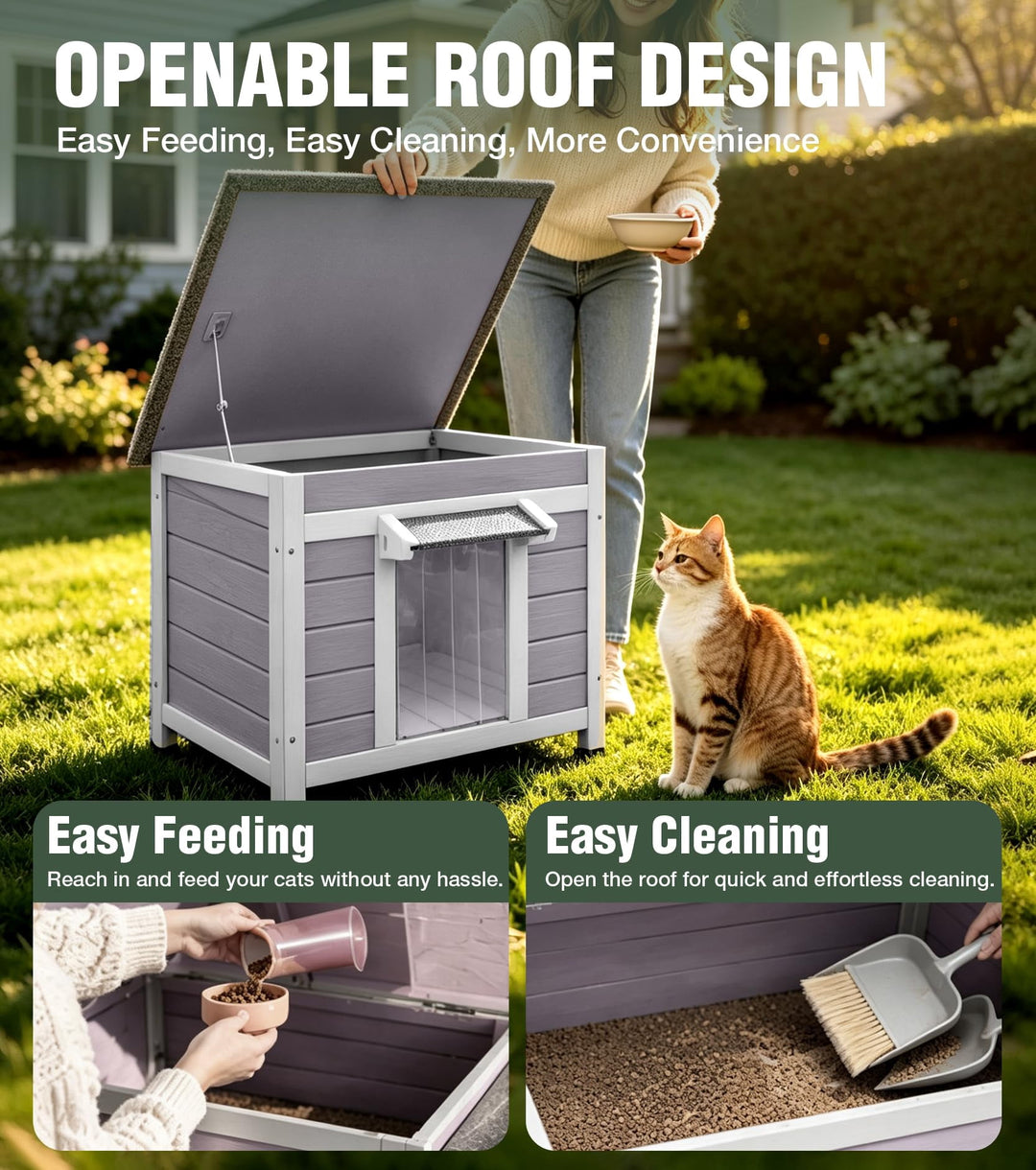MEDEHOO Wooden Outdoor Cat House, Weatherproof Feral Cat Shelter with Rabbit Hutch, Easy Clean Openable Roof