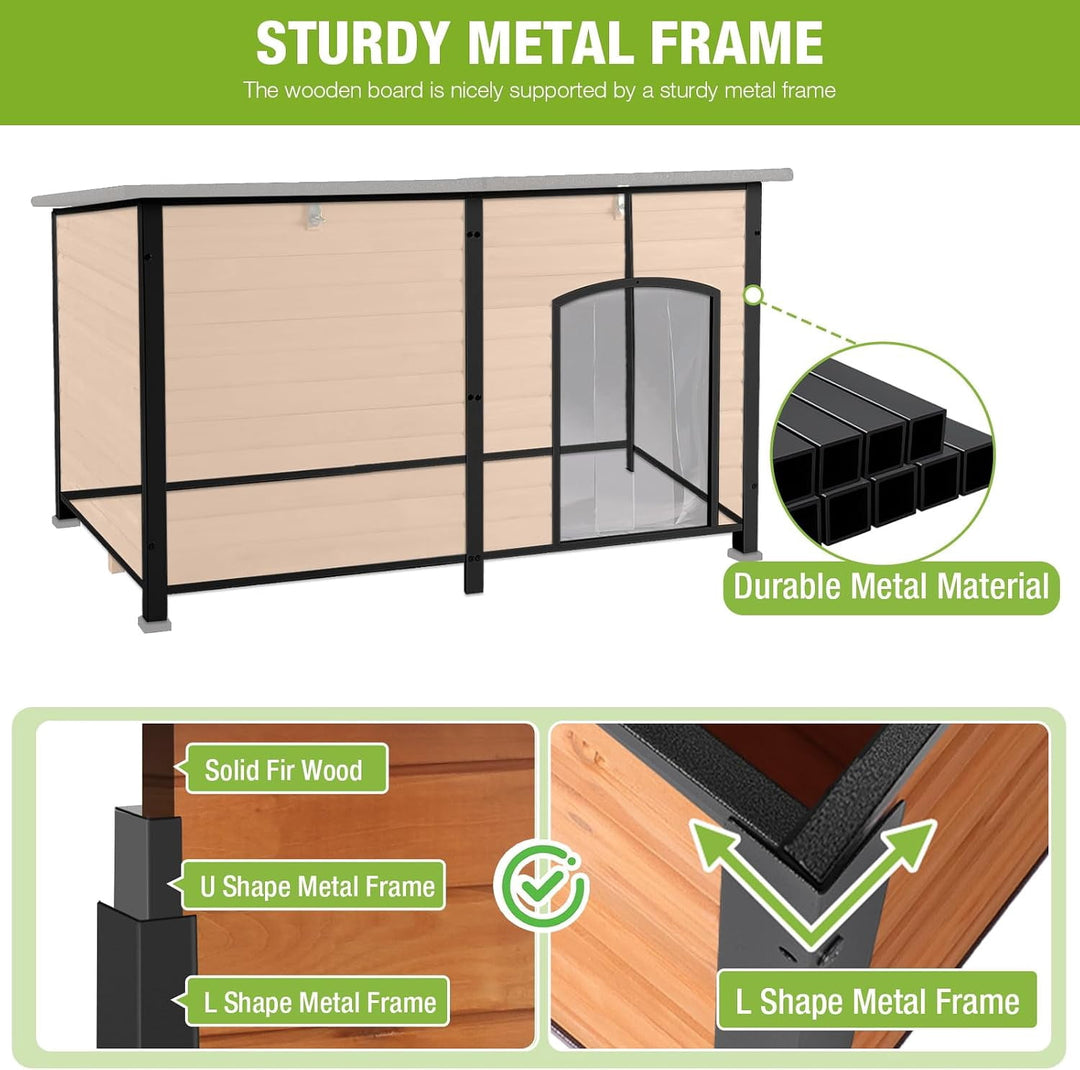 MEDEHOO 59.1" Extra Large Heated Dog House with 6-Side Insulation &amp; Heavy Duty Steel Frame Weatherproof for Winter Outdoor, Brown AIR63-IN-WM