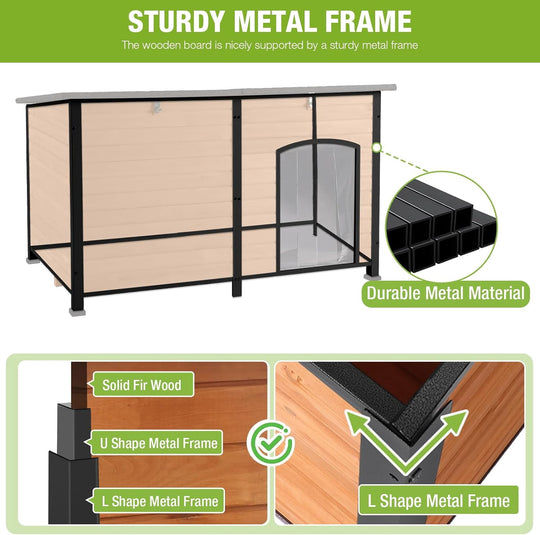 MEDEHOO 59.1" Extra Large Heated Dog House with 6-Side Insulation &amp; Heavy Duty Steel Frame Weatherproof for Winter Outdoor, Brown AIR63-IN-WM