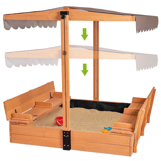 MEDEHOO Sandbox for Kids with Lid and Canopy, Sand Boxes with Covers Foldable Bench Seats, Children Outdoor Wooden Playset - Retractable Roof