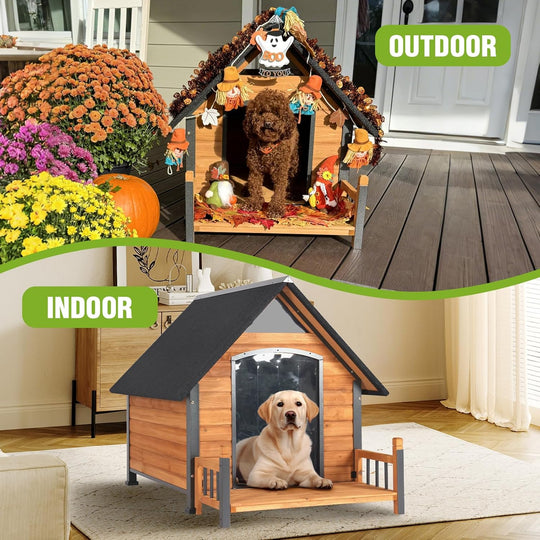 MEDEHOO Heated Outdoor Dog House Insulated Weatherproof Dog Kennel with All-Around Metal Frame, Anti-Bite Puppy Home with Porch, Dog Shelter for Large Breed (Brown, 50.9'' Large)