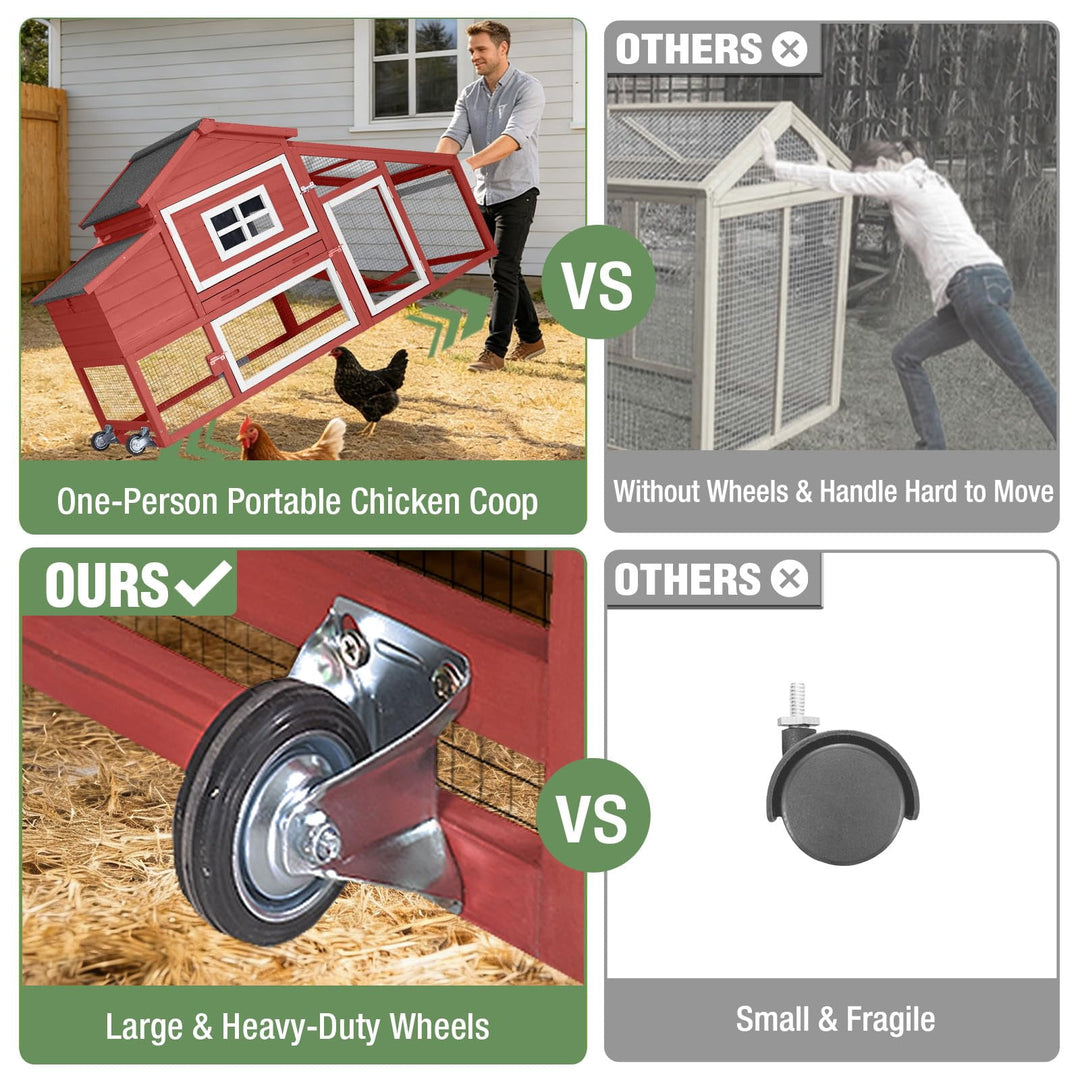 MEDEHOO Mobile Chicken Coop with Wheels for 2-4 Chickens, Backyard Expandable Chicken House Duck Cage with Run, 2 Nesting Boxes, Easy Clean Pull-Out Tray, Leak-Resistant Asphalt Roof, 72.3" SAIR23-R-WM