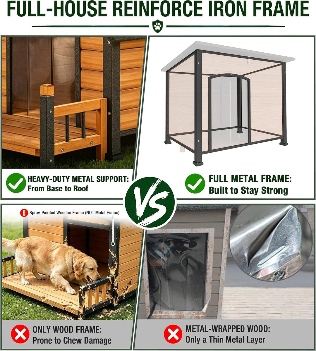 MEDEHOO 43.3" Large Heated Outdoor Dog House with Heating Pad &amp; Metal Frame for Medium to Large Breeds Wooden Dog Kennel with Openable Weatherproof Roof Inulated Dog House for Outside Dogs