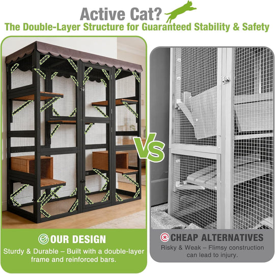 MEDEHOO Catio Outdoor Cat Enclosure with Scratch Post, Hammock, Large Window Cat House for 2-6 Mulitiple Cats Walk in Kitty Cage with Tarp Roof 70" Black
