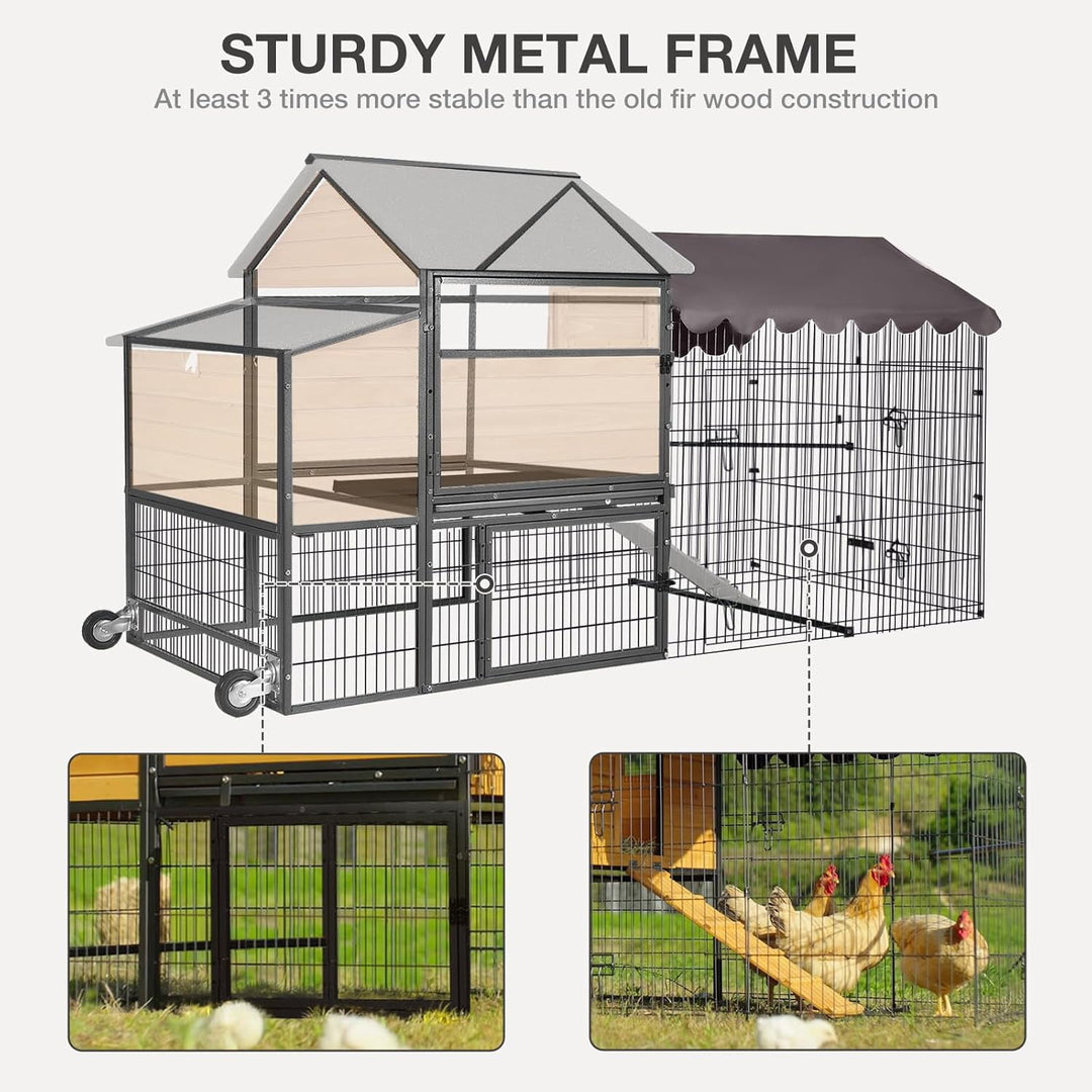 Ultimate Chicken Coop with Wheels - Spacious 85" Metal Frame Chicken House with Nesting Box and Leakproof Pull-on Tray - Chicken Tractor Portable &amp; Waterproof, Perfect for Chickens! AIR7006-L