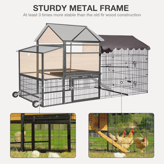 Ultimate Chicken Coop with Wheels - Spacious 85" Metal Frame Chicken House with Nesting Box and Leakproof Pull-on Tray - Chicken Tractor Portable &amp; Waterproof, Perfect for Chickens! AIR7006-L